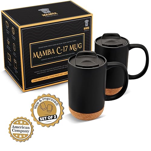 Extra Large Ceramic Coffee Mug w/Lid and Cork Coaster Bottom - 17oz  Slideproof Coffee Cups w/