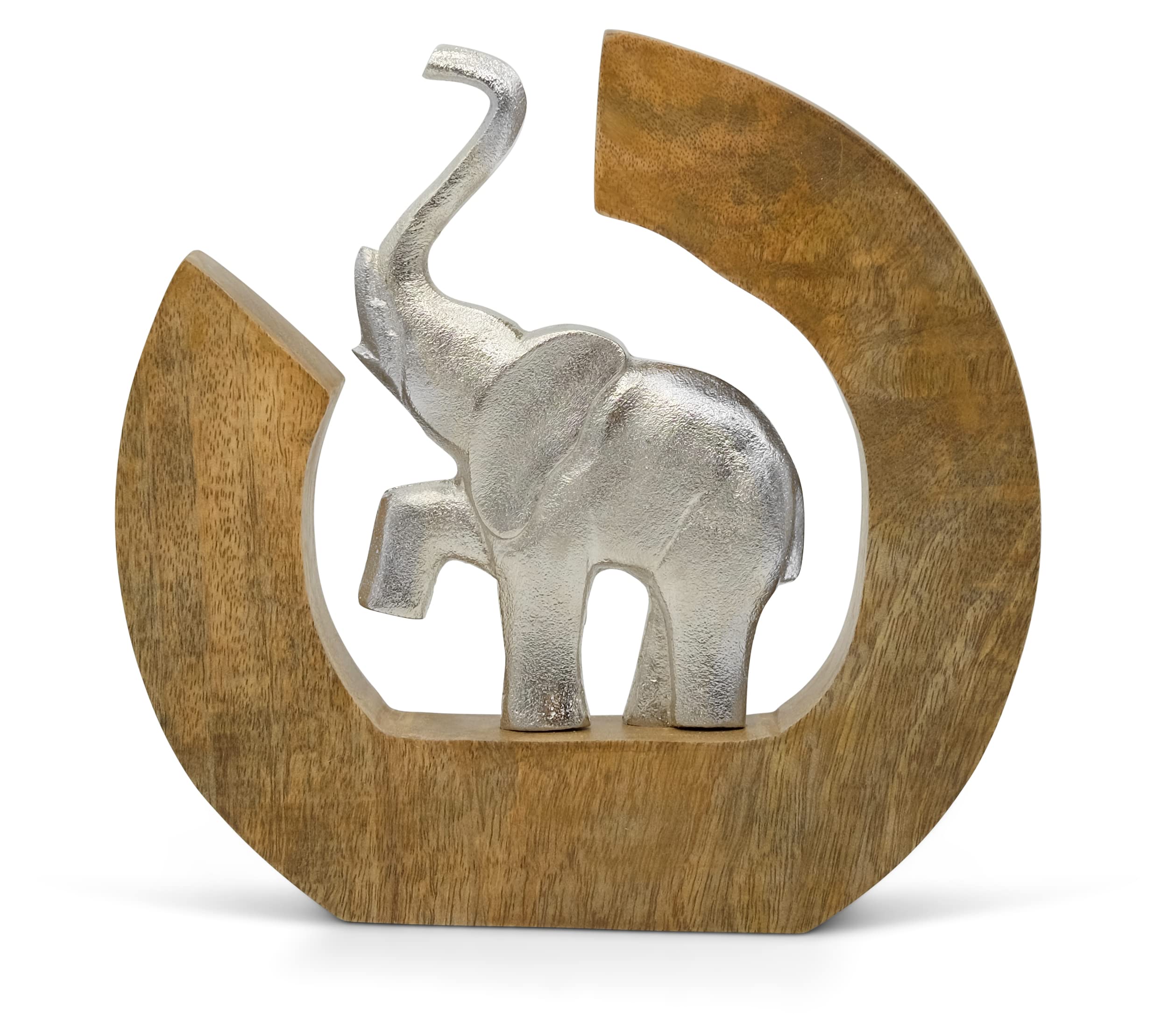 FeinKnick Sculpture Circle of Life elephant decoration - modern figure handmade from aluminium in mango wood as home decor - silver metal elephant 10in / 24cm tall in tree slice as a statue