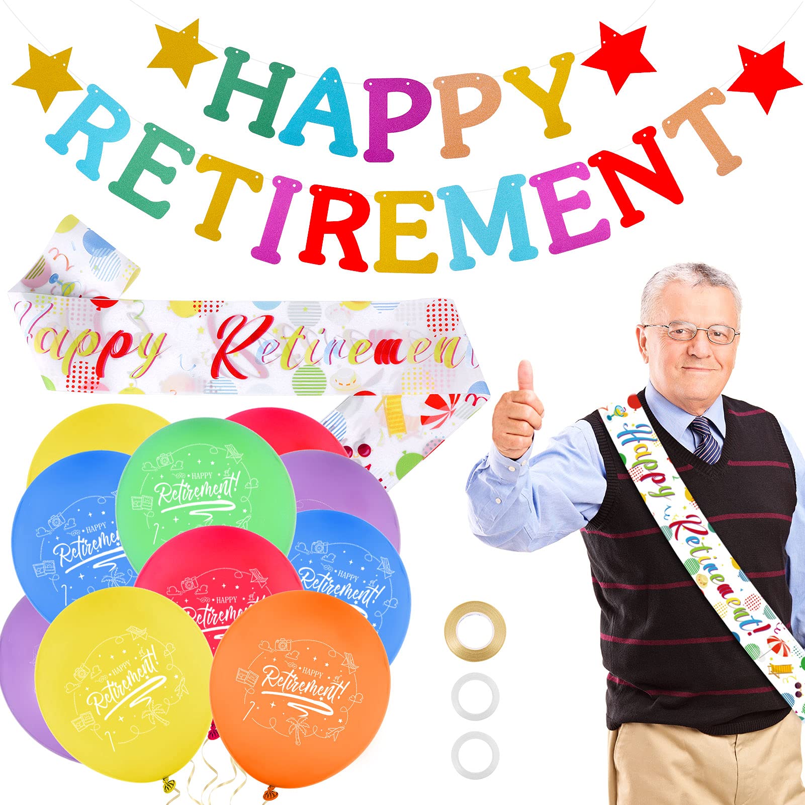 SOSPIRO 21 Pcs Happy Retirement Decorations,18 Pcs 12 inches Balloons and 1Pc Happy Retirement Banner with 2 Pcs Sash for Party Supplies