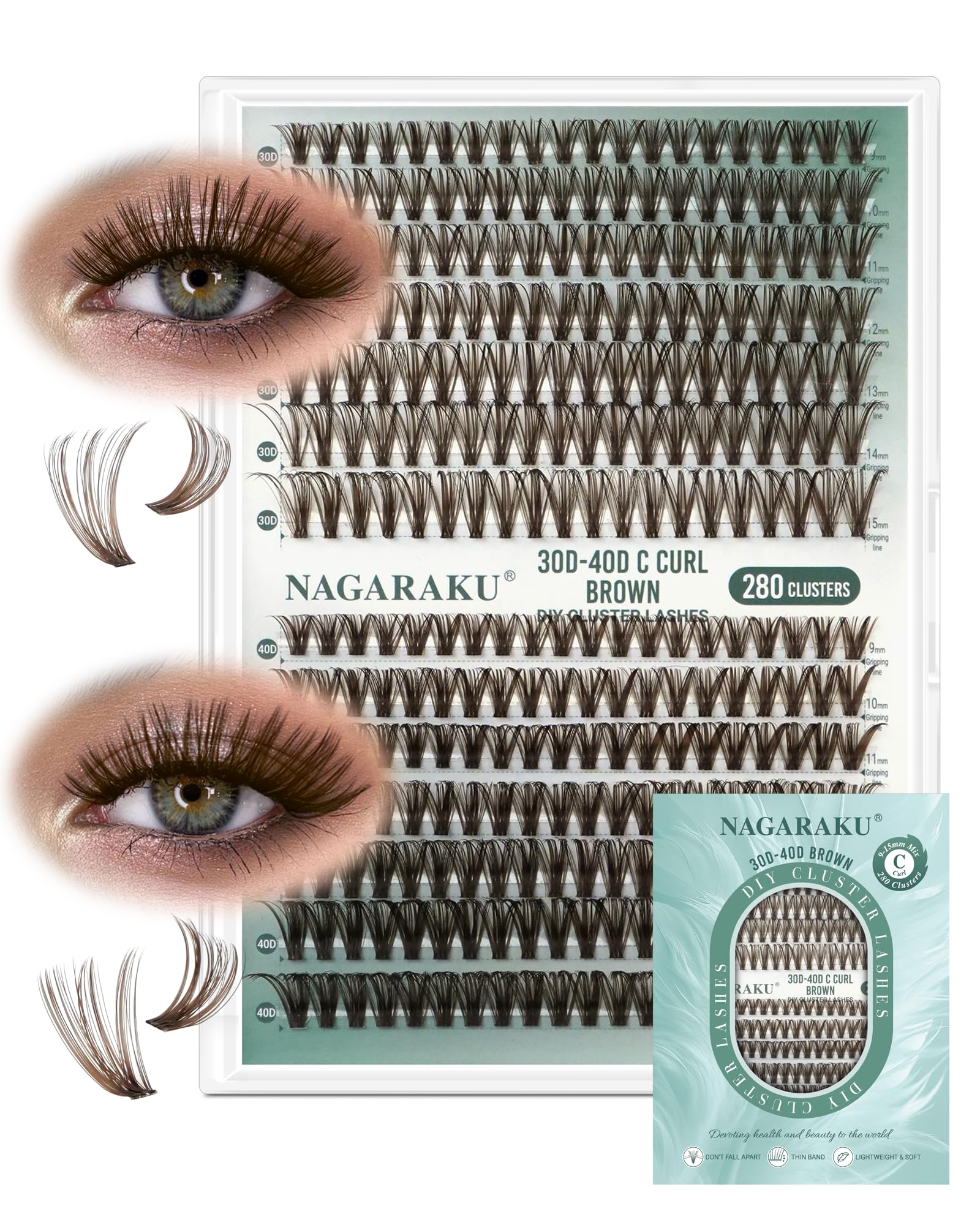 NAGARAKU Brown Lash Clusters, 280pcs 30D&40D DIY Cluster Lashes Individual Cluster Eyelash Extensions Volume False Eyelash Thin Band Lash (0.07mm D Curl 9-15mm Mix Length) — image 1