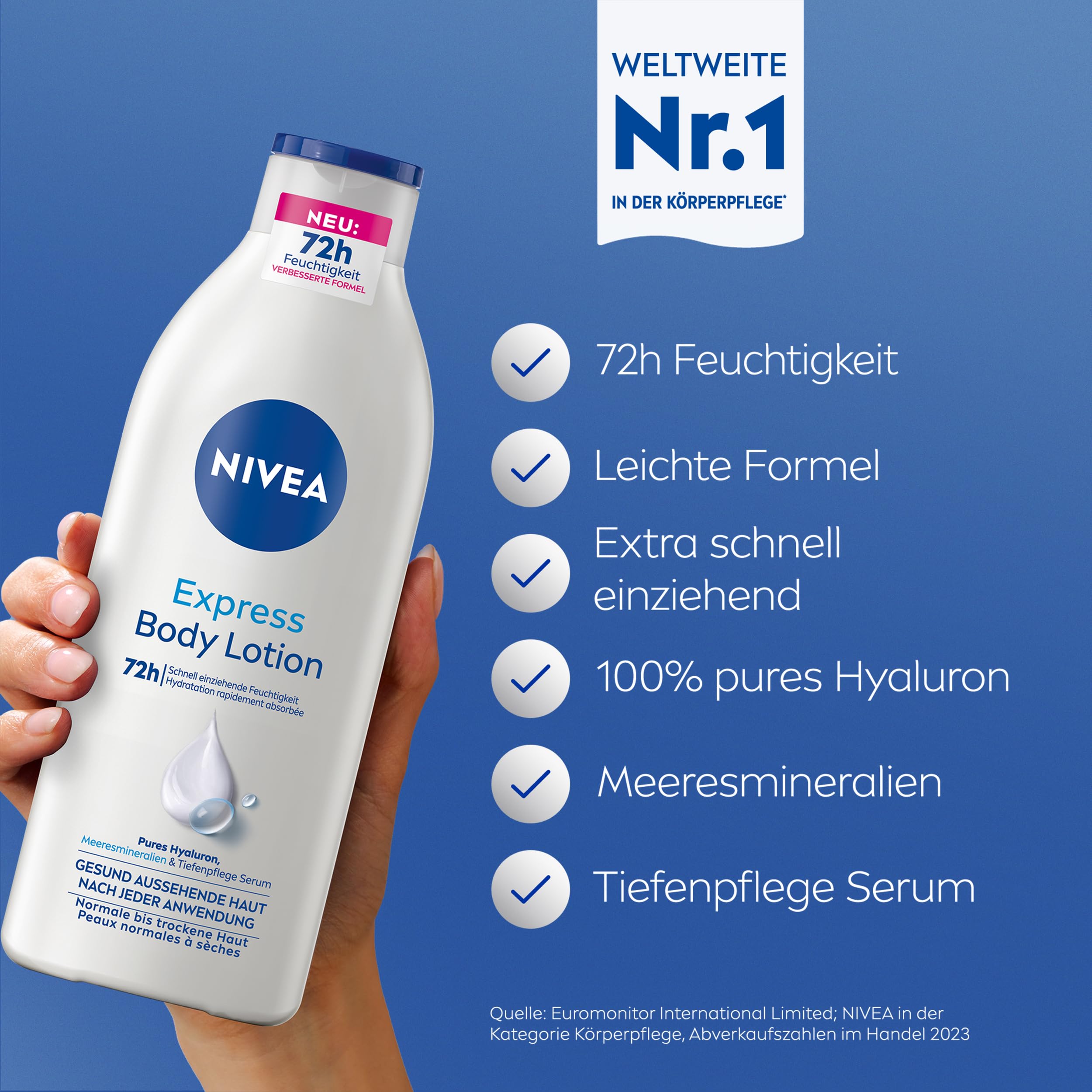 NIVEA Express Body Lotion, extra schnell einziehende Körperlotion, Körpercreme mit purem Hyaluron, Meeresmineralien und NIVEA Tiefenpflege Serum (400 ml) 2