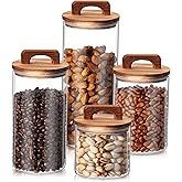 Layhit 4 Pcs Glass Food Storage Jars with Airtight Wood Lid Storage Jars Containers with Stickers Marker for Candy, Cookie, Rice, Sugar, Flour, Pasta, Nuts, 4 Size(Cylindrical)