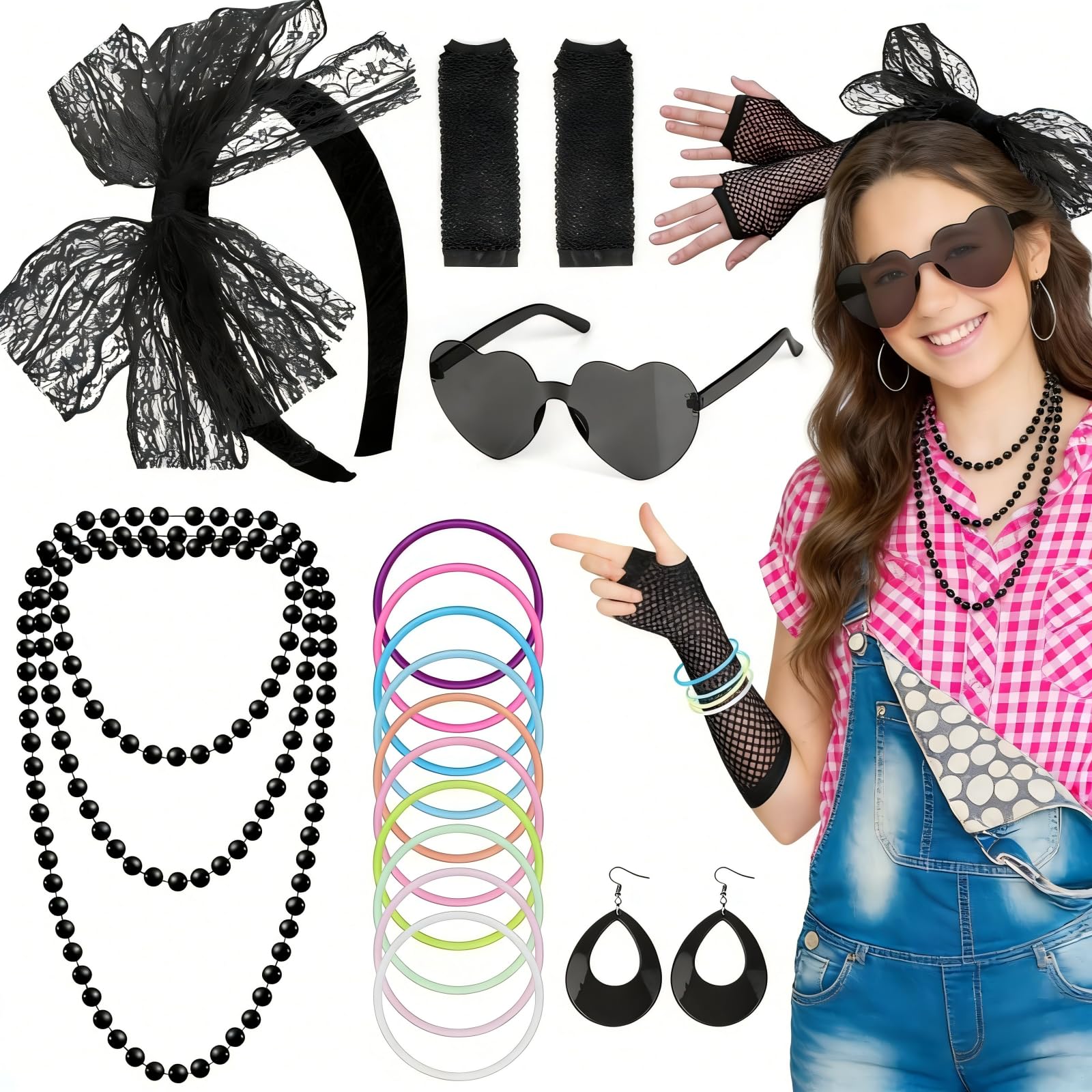 Kareeran 80s Fancy Dress for Women Girls, 80s Accessories Rockstar Fancy Dress, Neon 90s Retro Headbands Earrings Fishnet Gloves Sunglasses for Dress Up Party
