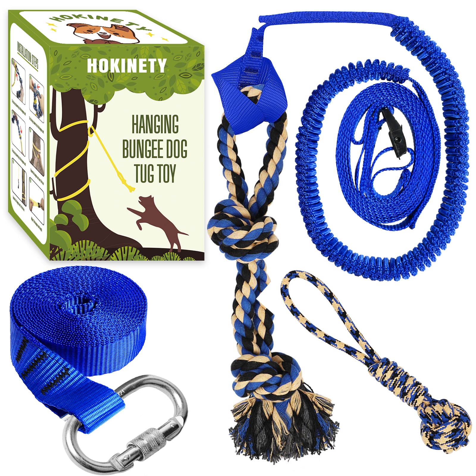 Photo 1 of HOKINETY Dog Hanging Bungee Tug Toy: Interactive Tether Tug-of-War for Pitbull Small to Large Dogs to Exercise and Training Equipment - Outdoor Tree Tugger Dog Rope Toy with 2 Chew Rope Toys - Blue