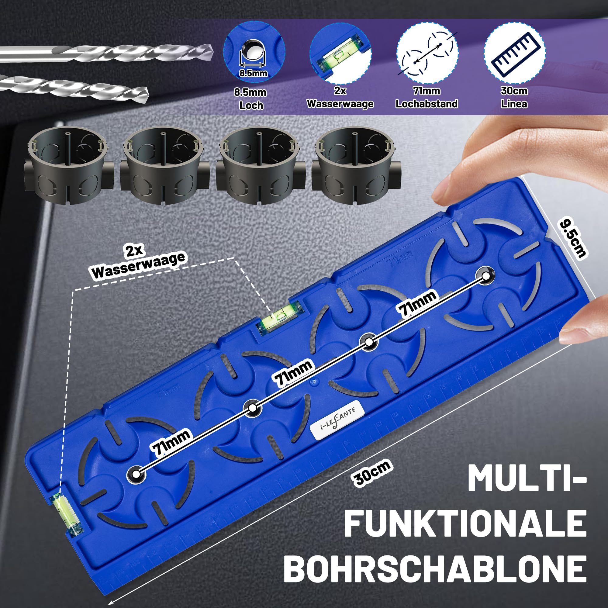 Bohrschablone für Steckdose Schalterdose Unterputzdose Hohlwanddose 71mm Abstand All in One mit Wasserwaage 30cm Lineal Für Elektroinstallation Rohbau Trockenbau Elektriker Heimwerker (Blau) 2