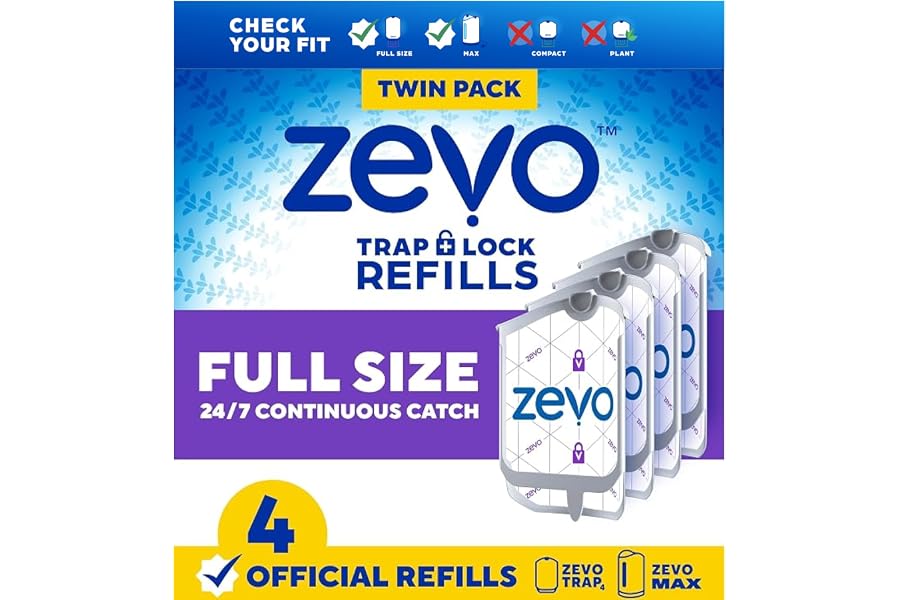 Zevo Flying Insect Trap Refill Cartridges for Fruit Flies & Gnats, 4 Count | Fits Zevo MAX & Zevo Flying Insect Trap, Catches House Flies, Gnats & Fruit Flies 24/7, No Added Fragrance or Dyes