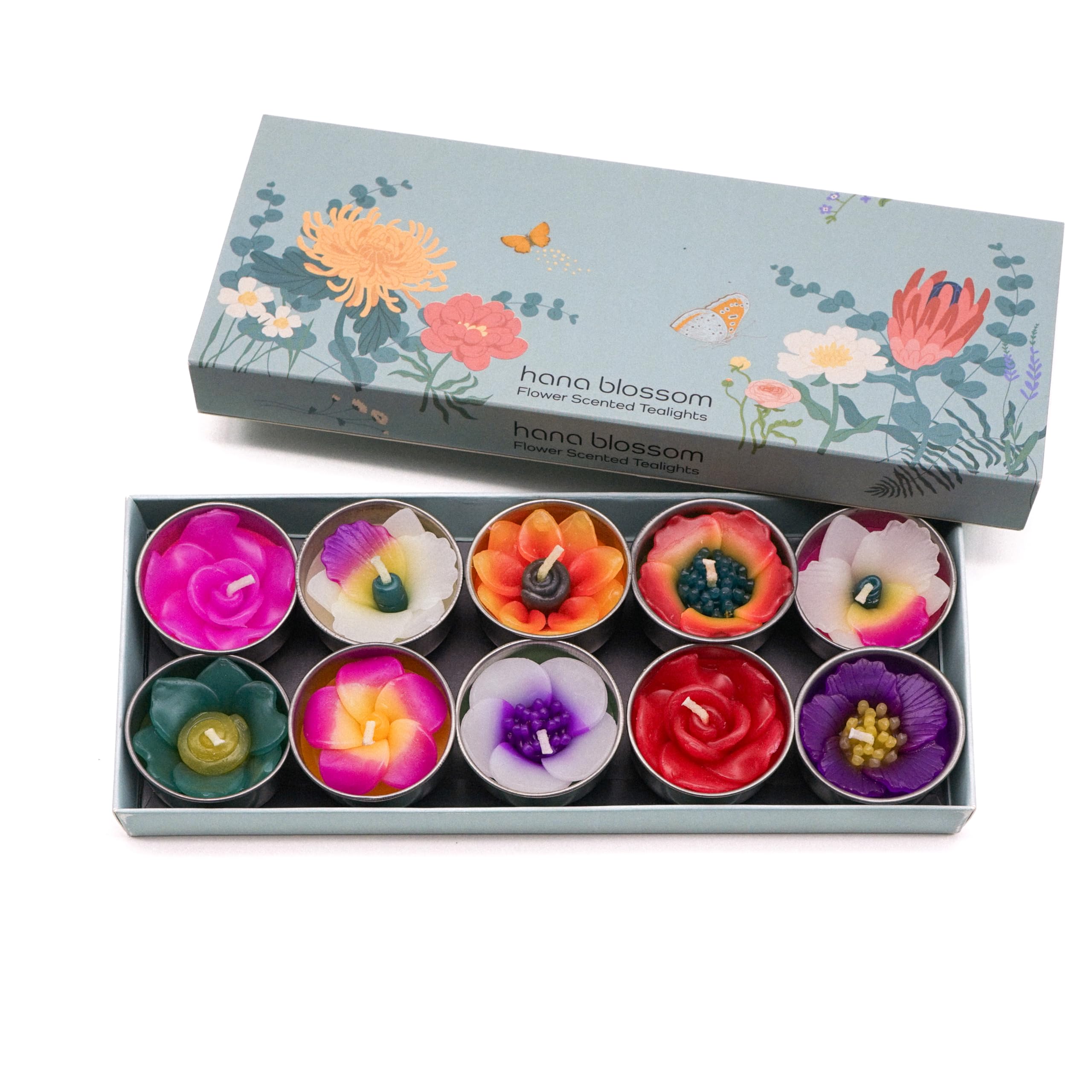 Hana Blossom Mixed 10 handmade scented flower tealight candles in assorted designs and colours gift set