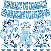 Winter Wonderland Party Decorations Snowflake Happy Birthday Banner Cake Toppers Blue White Snowflake Balloons Winter Wonderland Boys Girls 1st Birthday Party Supplies