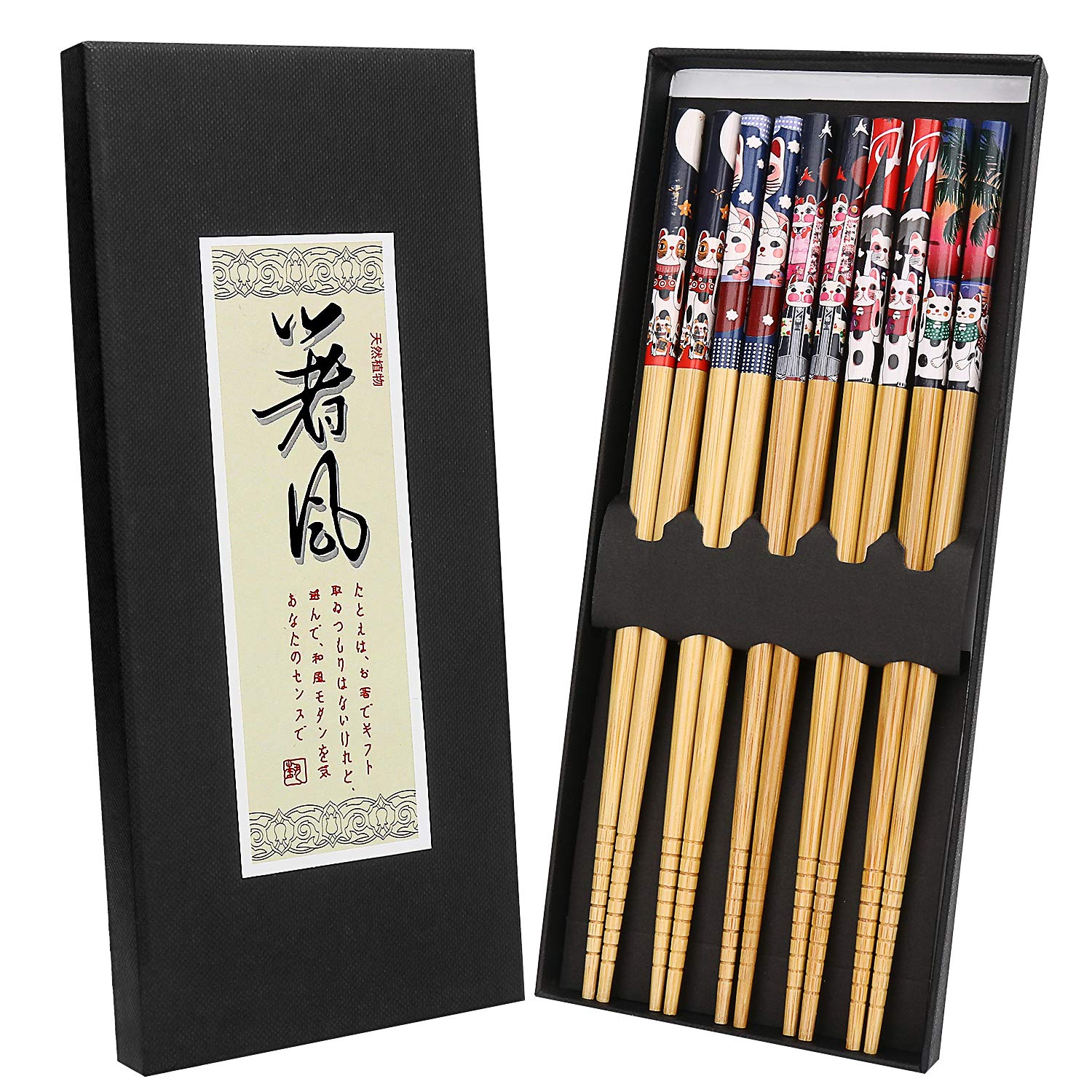5 Pairs Natural Reusable Bamboo Chopsticks with Fortune Cat Pattern, Quality Anti-Slip Japanese Chopstick Gift Set Dishwasher Safe, Nicely Presented Chinese Chop Sticks for Asian Dishes Sushi Noodles