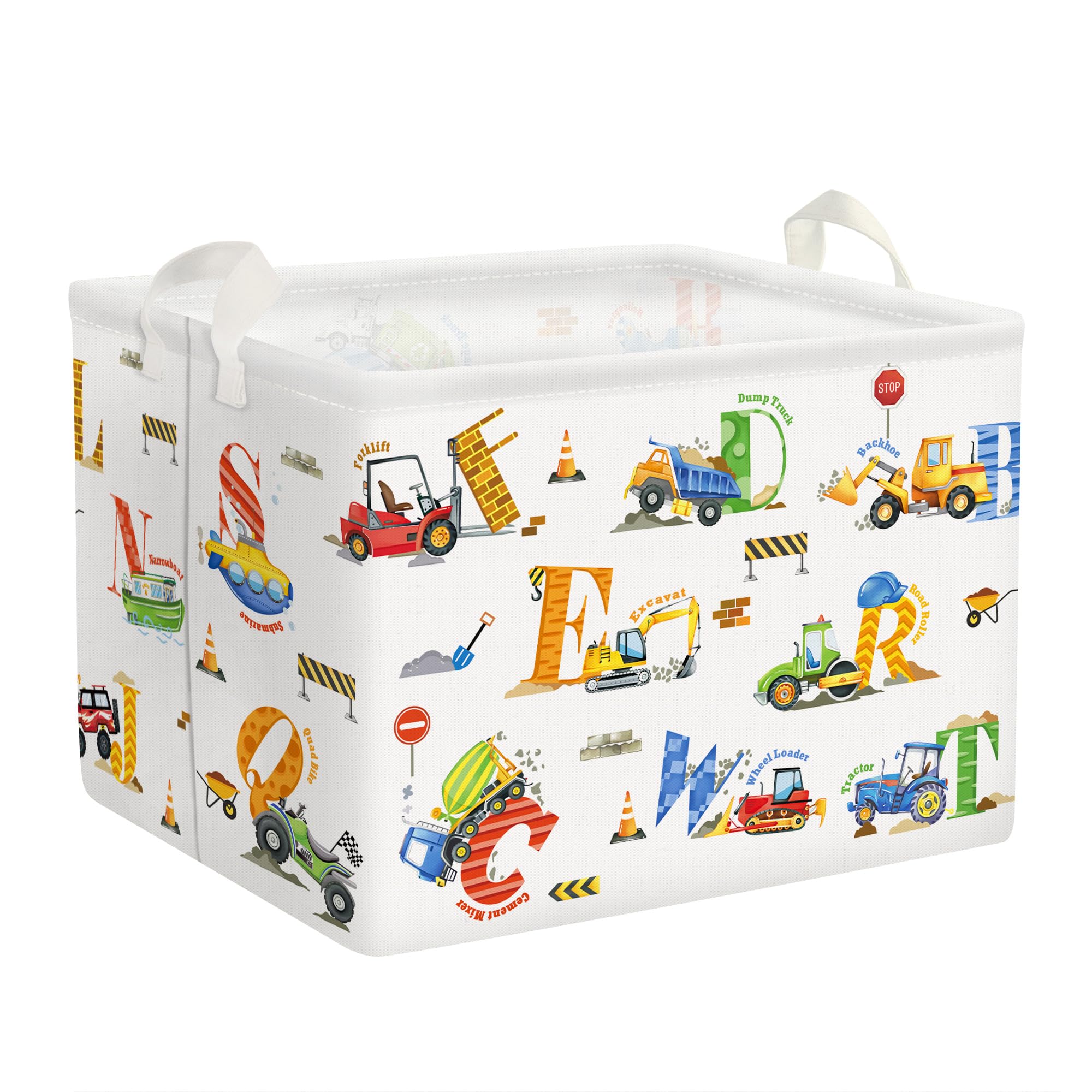 Clastyle Alphabet Baby Laundry Hamper Collapsible Clothes Kids Storage Basket Waterproof Boys Girls Toy Box for Nursery Room, Engineering Vehicle, 40x30x30 cm