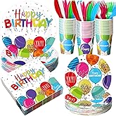 Sunnychicc 400 Pcs Happy Birthday Party Decorations, Disposable Paper Plates Bulk Napkins and Cups Colorful Tableware Set Serves for 50 Guests Birthday Rainbow Confetti Balloons Party Supplies
