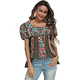 Mexican Shirts for Women Embroidered Tops Traditional Peasant Summer Tunic Blouse