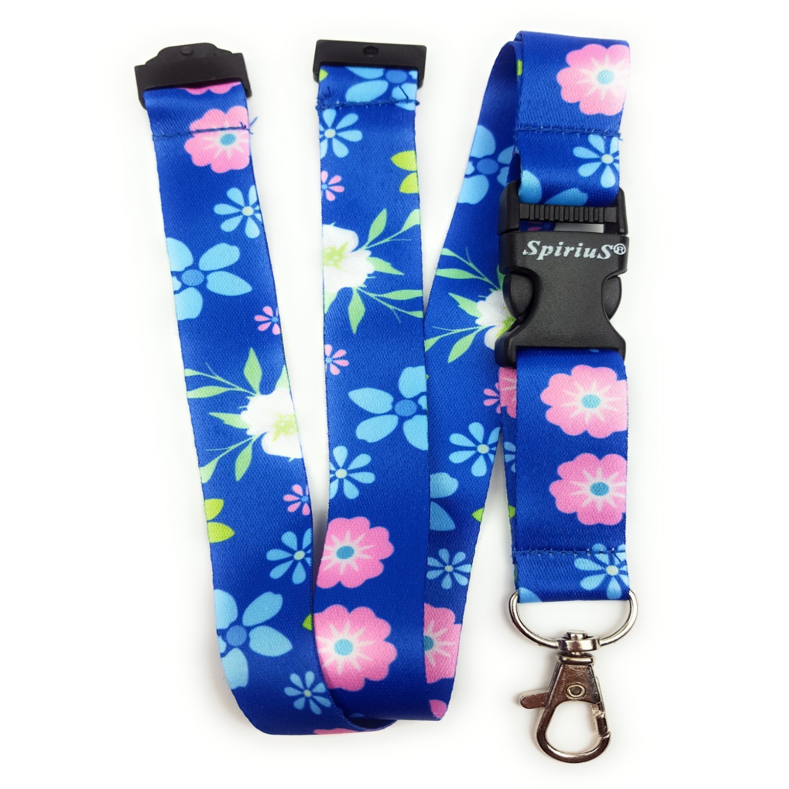 SpiriuS Neck Strap Lanyard with Strong Metal Clip for ID Badge Holder, Key Holder (Dark Blue Floral)