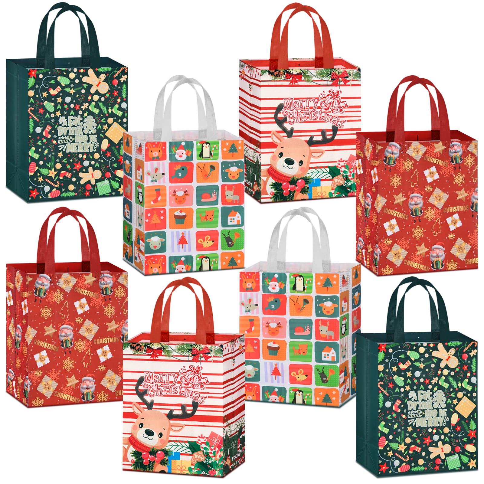 AhfuLife Christmas Bags for Gift, 26 x 21 x 12cm, 8pcs Xmas Gift Tote Bags with Handles, Reusable Multipack Non-woven Christmas Treat Shopping Bag for Children, Xmas Party Favor Decorations