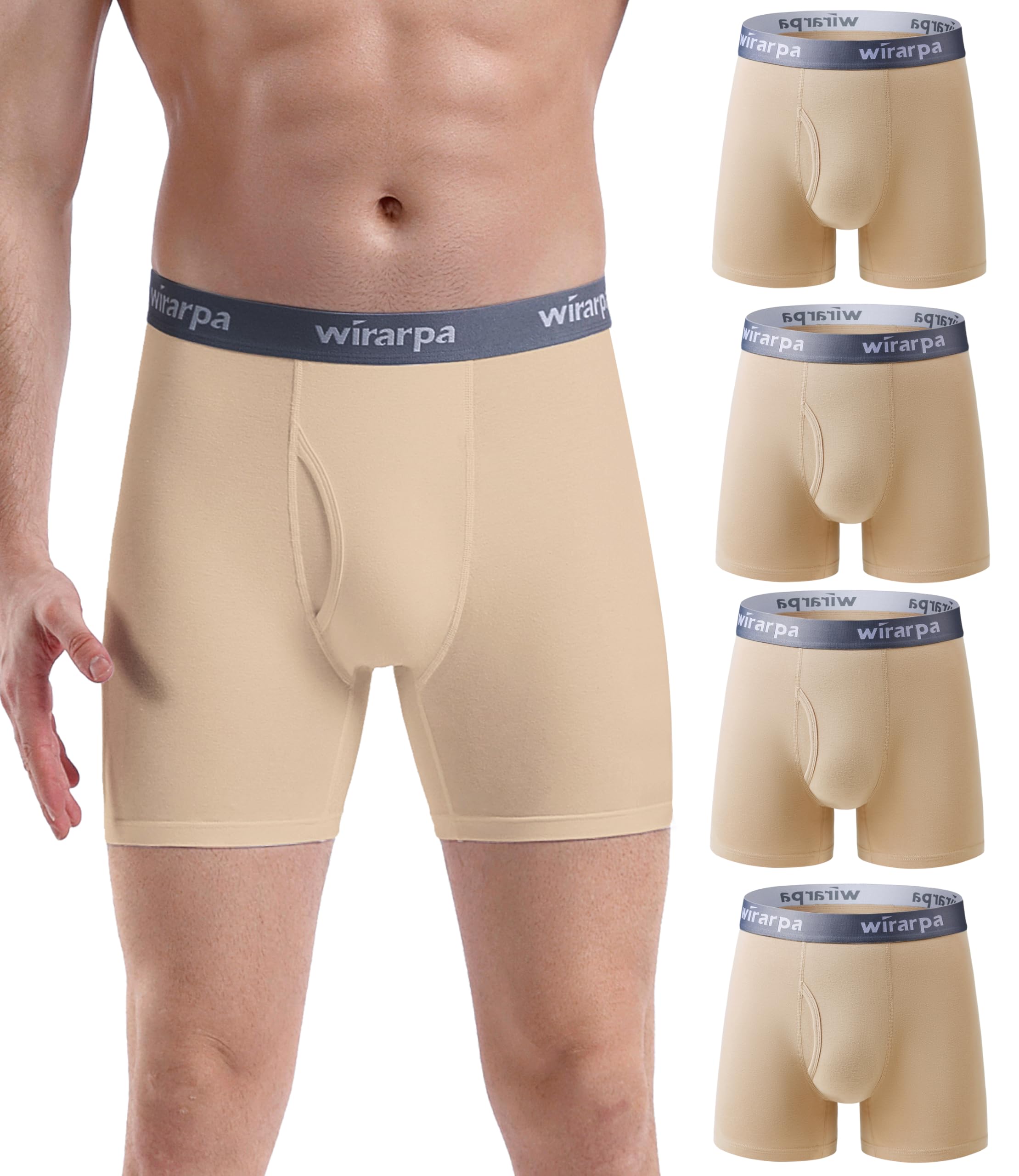 wirarpa Men's Cotton Boxer Briefs Underwear 4 Pack Open Fly Tag Free Anti-Chafing Comfy Short Leg Underpants Beige XX-Large Image