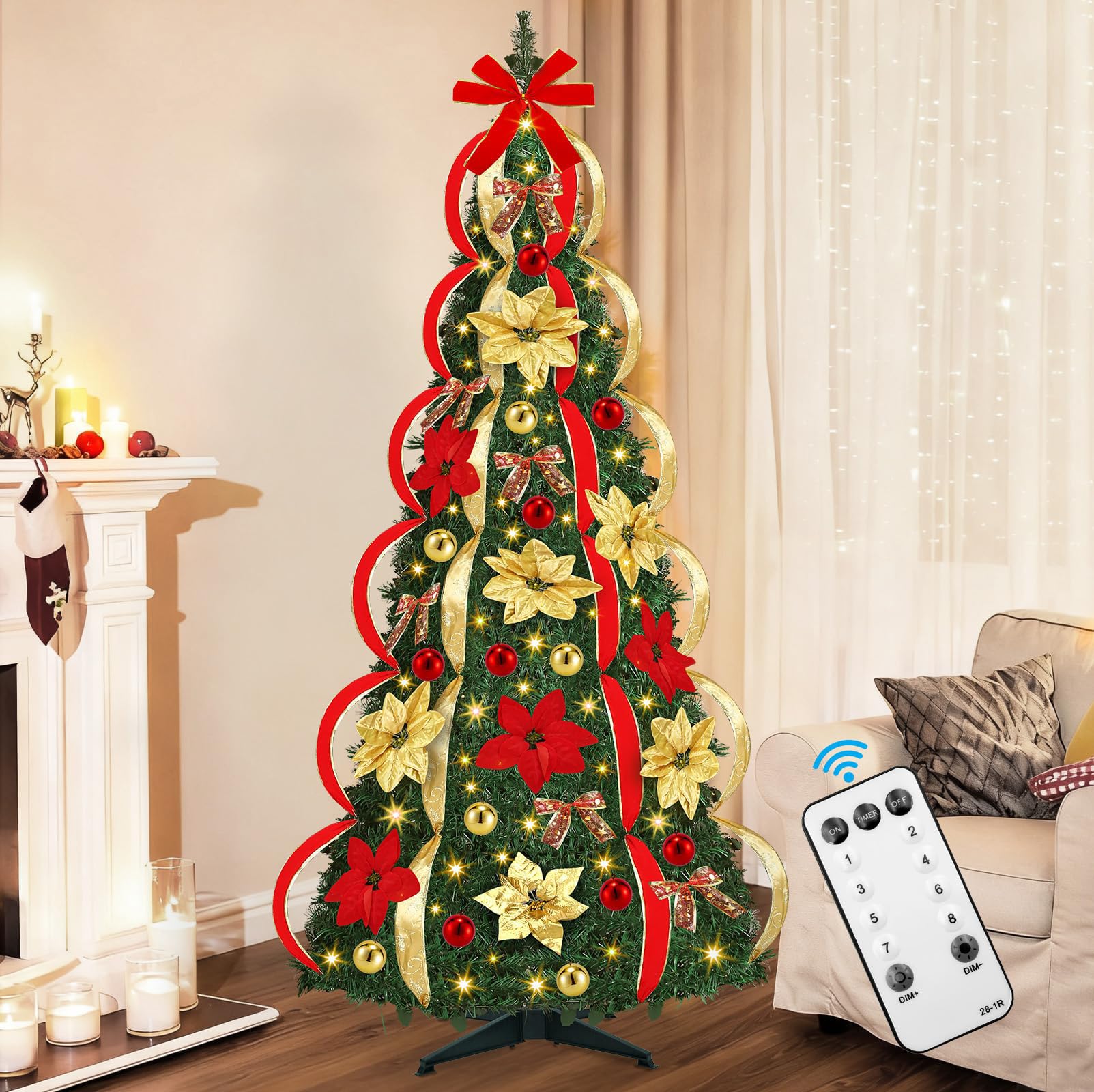 Photo 1 of [ 8 Modes & Timer ] 6 Ft Prelit Full Pop Up Christmas Tree with 200 Warm White LED Lights, Ornaments, Red & Gold Ribbon, Bows, Plug in Collapsible Christmas Trees Outdoor Indoor Christmas Decor