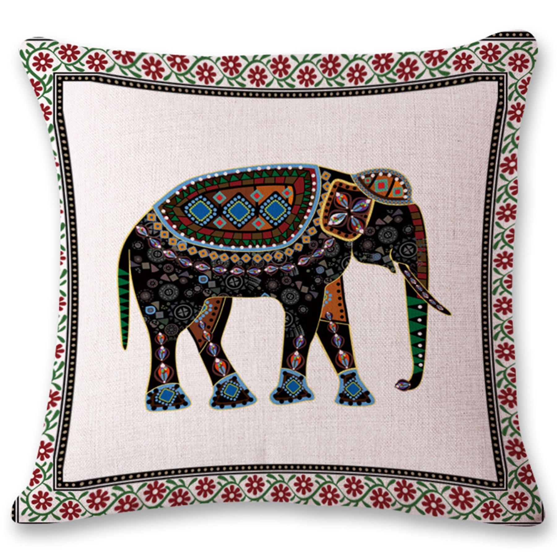 Umimiss Elephant Cushion Cover - Boho Elephant Linen Pillowcase, 45cm X 45cm, Southeast Asian Exotic Design for Outdoor, Car, Home, Sofa Decor