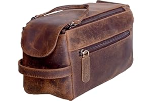 KomalC Premium Buffalo Leather Toiletry Bag for Men & Women – Leather Dopp Kit With Water resistant Lining, Premium Toiletry Travel Pouch, Unisex Wash Bag for Toiletries, Gifts for Men and Women
