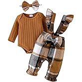 ODIMAME Baby Girl Clothes Newborn Suspender Overalls Long Sleeve Ribbed Romper Fall Winter Outfits Bow Headband 0-18 Months