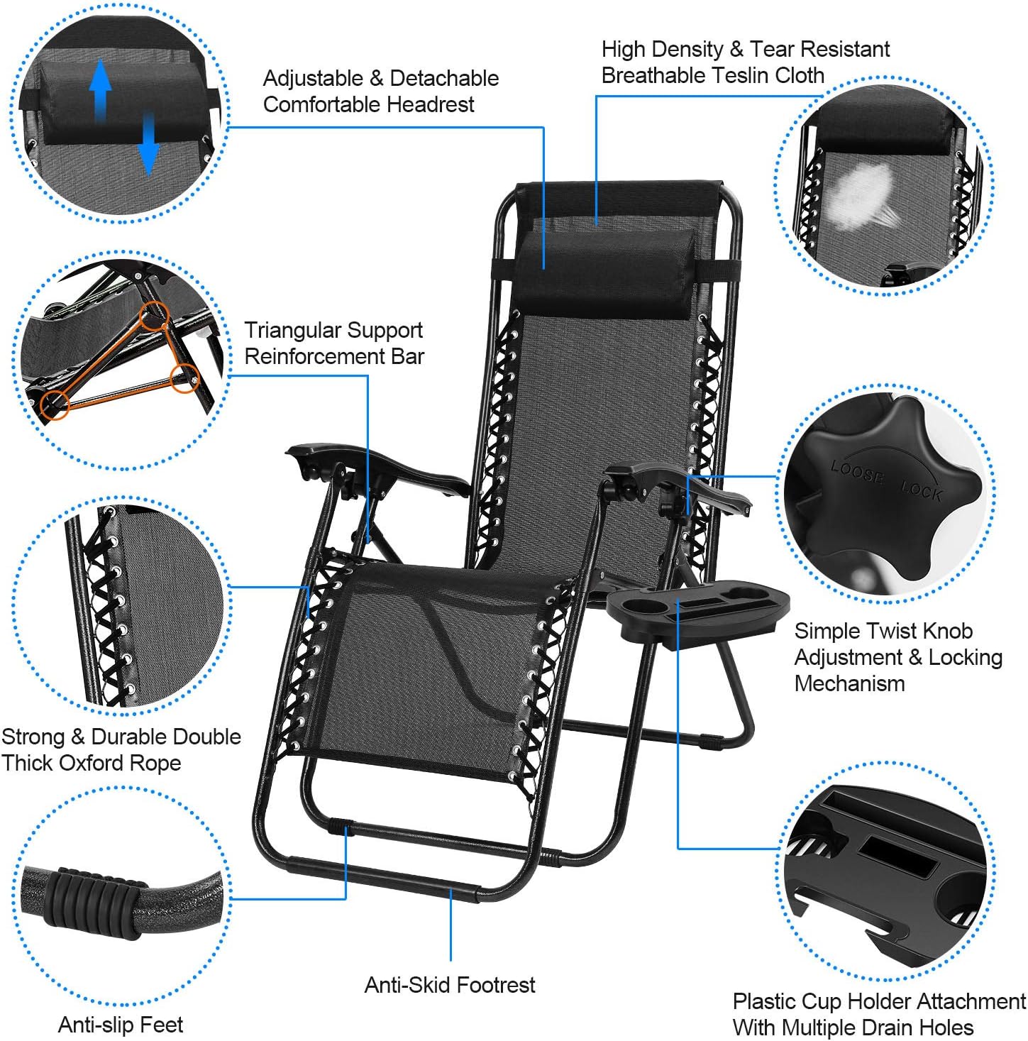 iMounTEK Set of 2 Adjustable Zero-Gravity Reclining Outdoor Lounge Chairs with Pillows & Cup Holder Side Tray, Supports 330lbs, for Patio, Porch, Deck, Poolside, Beach, Lawn, Yard (Black, Blue, Tan): Kitchen & Dining