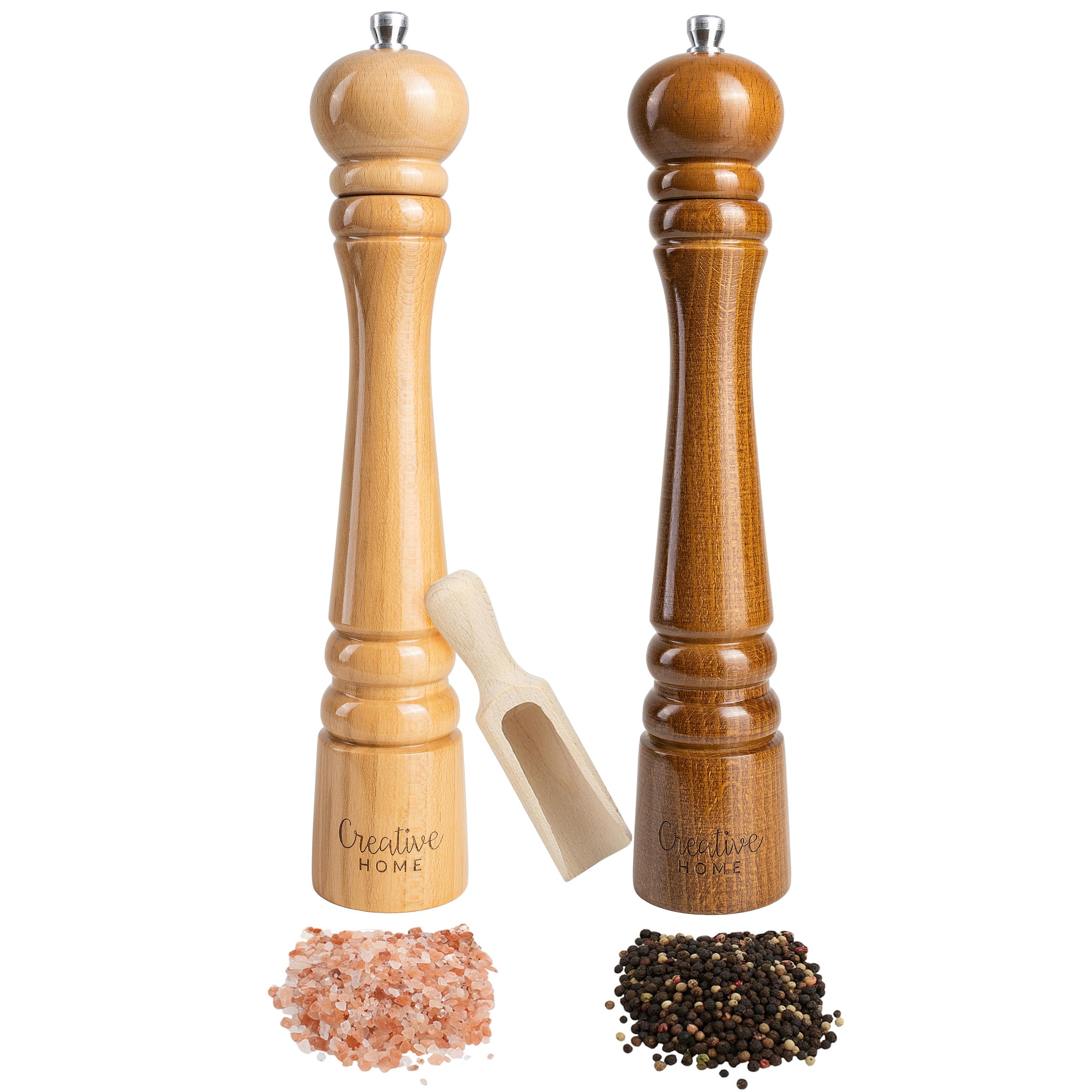 Creative Home Large Wooden Salt & Pepper Grinder Set | 31.5 cm Height | Mill with Mini Wooden Scoop | Natural Beech Wood | Pefect for Coffee Beans and Spice | Manual Mechanism | Salt & Pepper Shaker