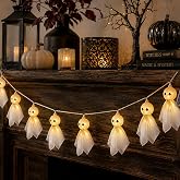 Halloween Decoration Light up Ghost Mantel Garland, Halloween Hanging Decor | 6.7ft Lighted 10 Fabric Ghosts, Battery Operated with Timer, Halloween Garland for Mantel, Wall, Stairs, Doorway & Party