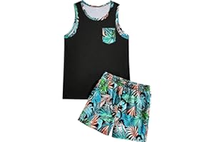 GORGLITTER Men's 2 Pieces Set Floral Print Elastic Waist Shorts Sleeveless Tank Top Outfit Tracksuit