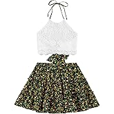 LYANER Women's 2 Piece Outfits Summer Lace Halter Cami Crop Top with Floral Mini Skirt Set Black Floral Large