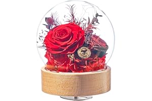 Flomoon Music Box with Rotating Wooden Base Preserved Roses Austin Roses Gifts for Girlfriend Wife Mother Valentines Day Mothers Day Christmas Birthday (Red Rose, Glass Globe)