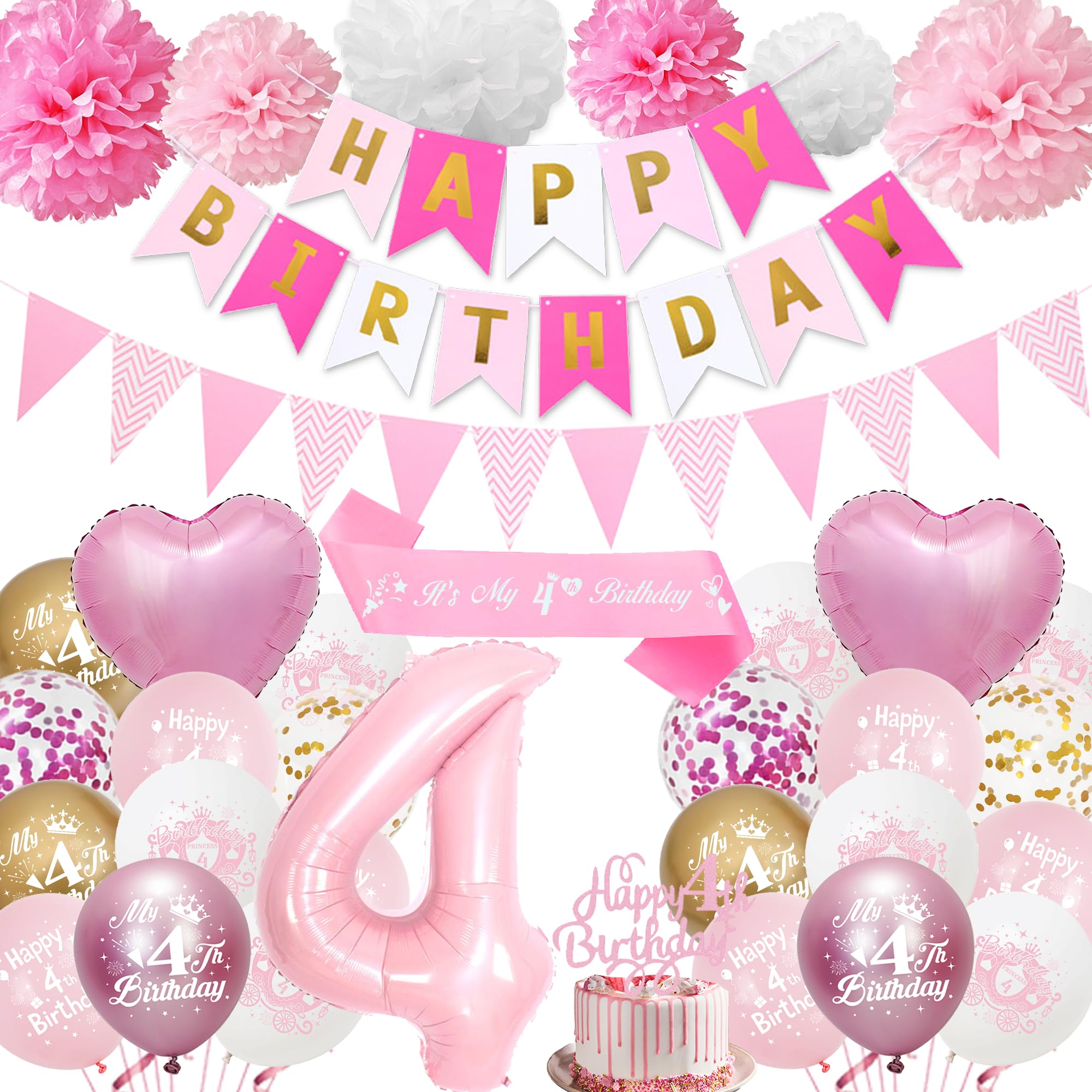 4th Birthday Decorations for Girls Pink - Happy 4th Birthday Party Number 4 Balloon Latex Balloons Banner Pennant, Cake Topper Sash Tissue Paper Pom Poms for 4-Year-Old Decoration Supplies — image 1