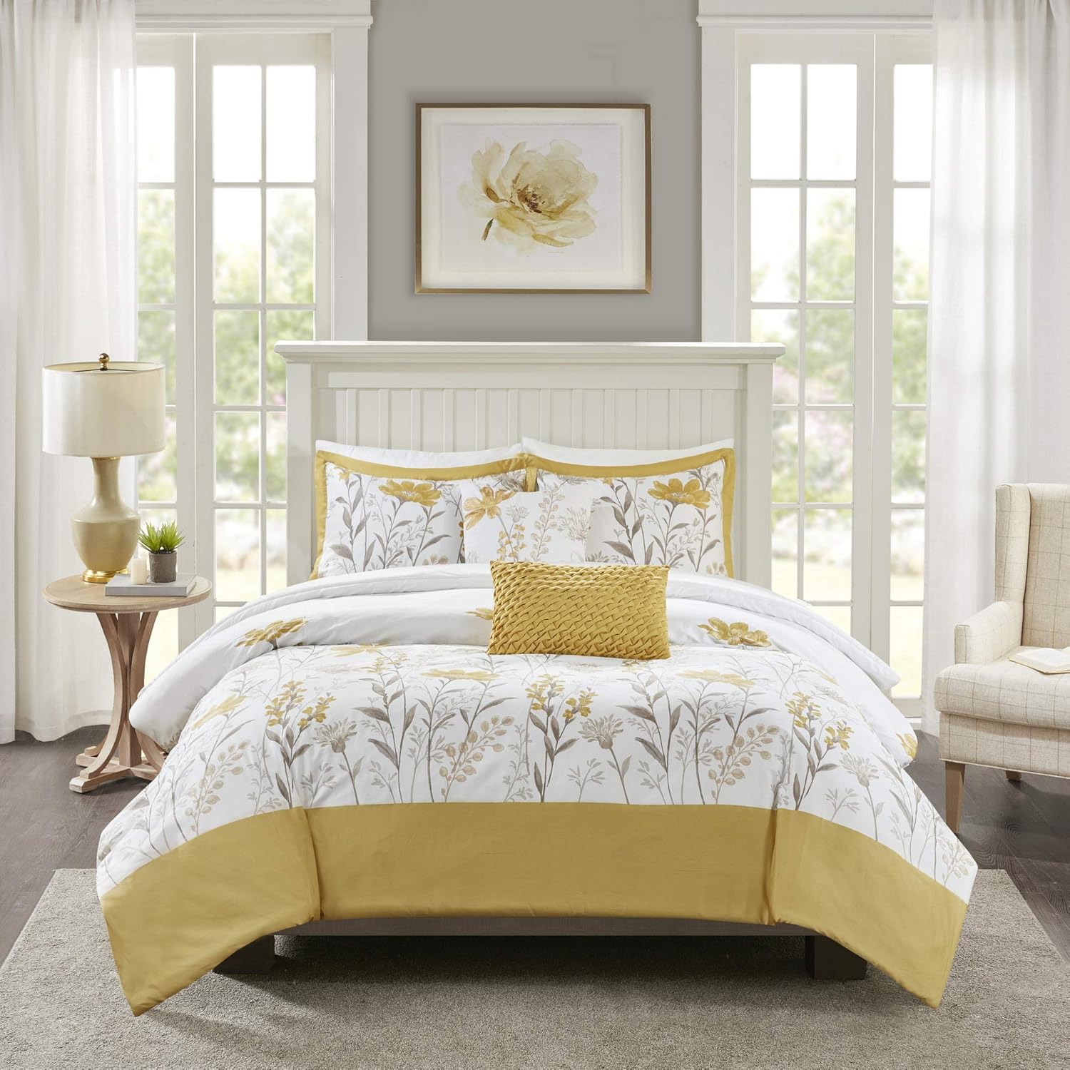 Harbor House Cozy 100% Cotton Comforter Set-Classic Modern Design All Season Down Alternative Casual Bedding, Matching Shams, King/Cal King(110"x96"), Meadow, Yellow 5 Piece