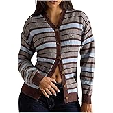 MakeMeChic Women's Fall Striped Cardigan Vintage Long Sleeve V Neck Button Down Sweater