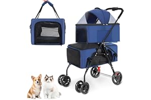 Rengue Double Pet Strollers, Dog Strollers for 2 Small Dogs or Cats, Double Cat Strollers with 2 Detachable Carrier Bags, Folding Dog Strollers with 4 Lockable Wheels, Travel Small Dog Strollers