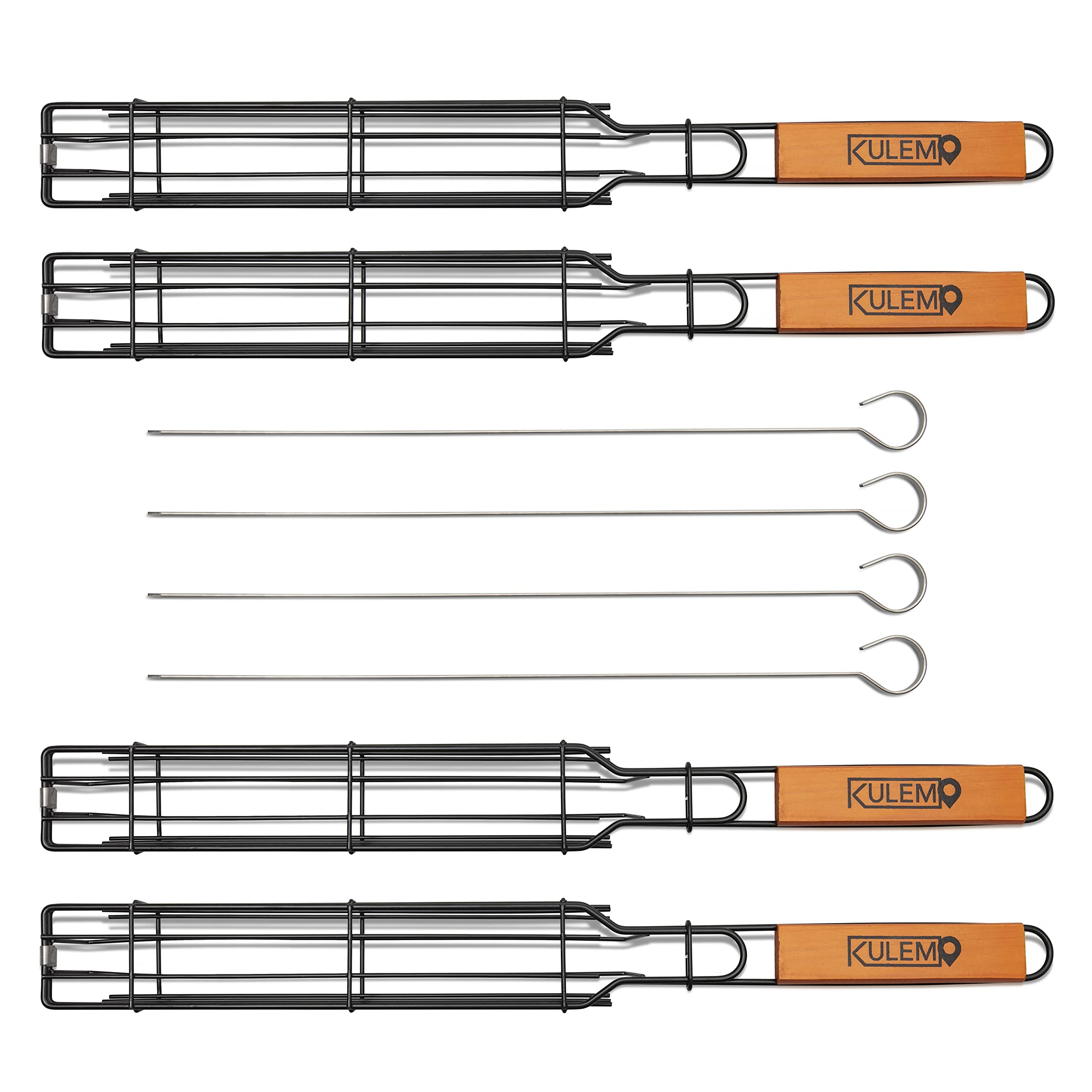 Kulem Kabob Grilling Basket - Set of 4 Heavy Duty Stainless Steel Kebab BBQ Grill Box Tool with Lockable Grid and Wood Handle - Complete with 4 Barbecue Skewers