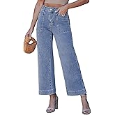 luvamia Wide Leg Jeans Woman Trendy High Waisted Patch Pocket Ankle Length Stretchy Denim Pants Casual Trouser Jeans