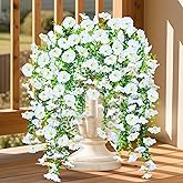 ICX 4PCS Artificial Hanging Flowers for Outdoors,Silk Morning Glory UV Resistant Fake Hanging Flowers,Artificial Flowers for Decoration,Outdoor Faux Plants for Door Porch Patio Planter Yard(White)
