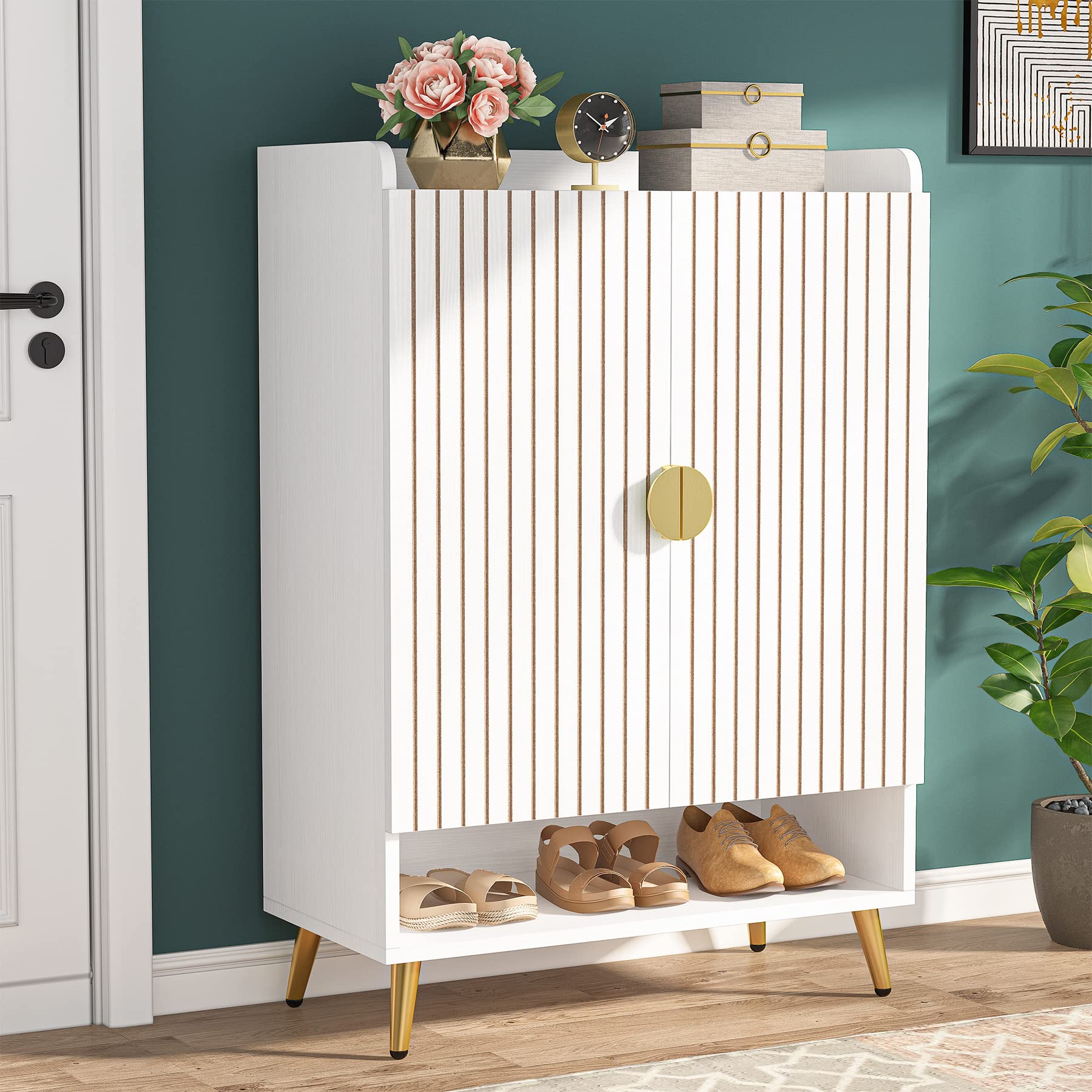 Photo 1 of *hardware missing*Tribesigns Shoe Cabinet with Doors, 6-Tier Shoe Storage Cabinet with Adjustable Shelves, Wooden Shoes Rack Shoe Storage Organizer for Entryway, Hallway, Closet, Living Room, White & Gold