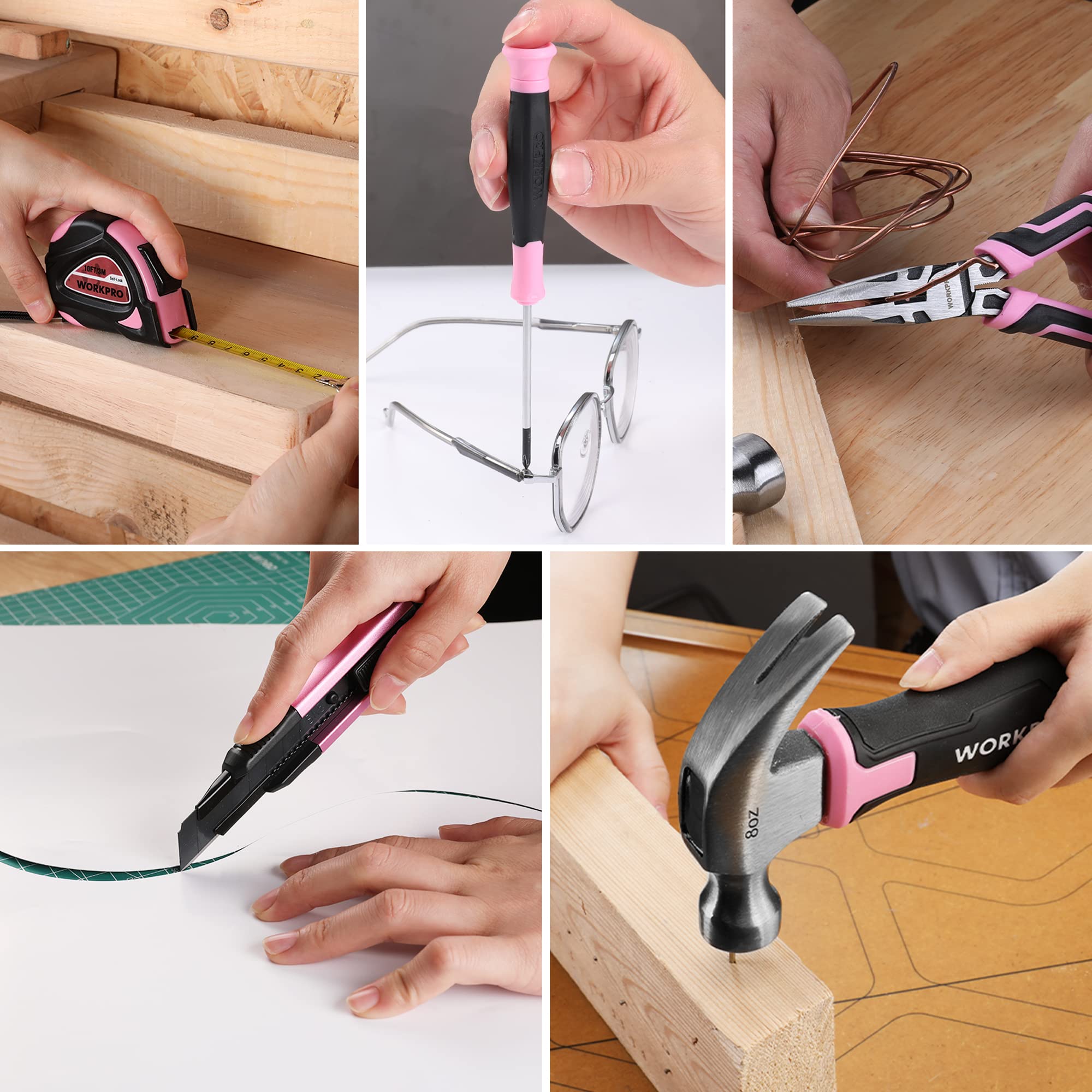 WORKPRO Werkzeugset Rosa pink 18 tlg. mit USB C Akkuschrauber klein, pinker Werkzeugkoffer gefüllt Haushalt, Werkzeugsatz für Heimwerker, Kinder, DIY Bastelei 3