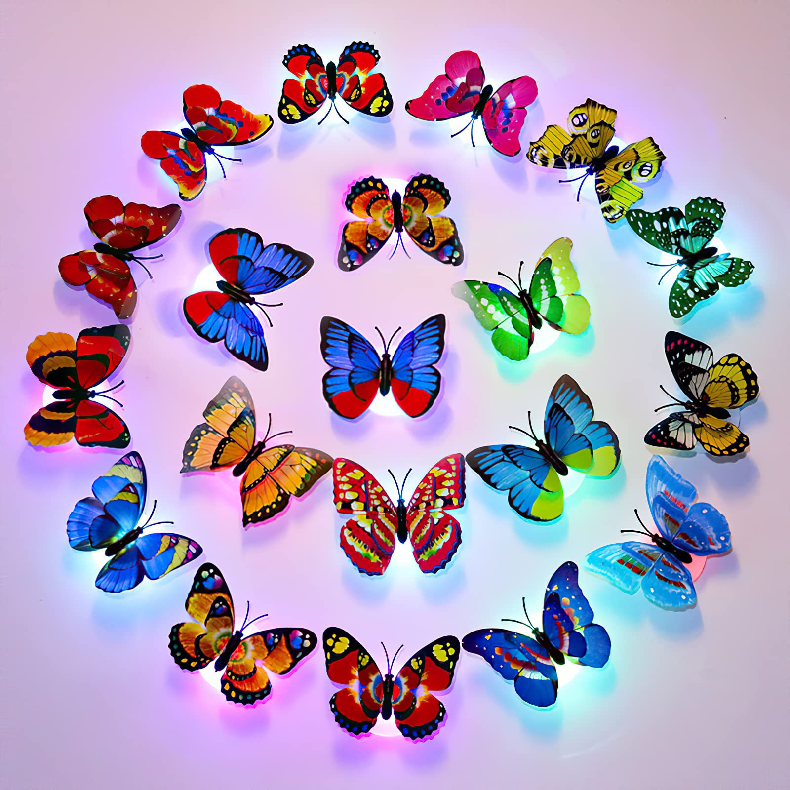 (Pack of 24) 3D Flashing Butterfly Wall Stickers, LED Optical Fiber Flas Butterflies Sticker Night Light for Kids Bedrooms Wall Decor (Multicolor)