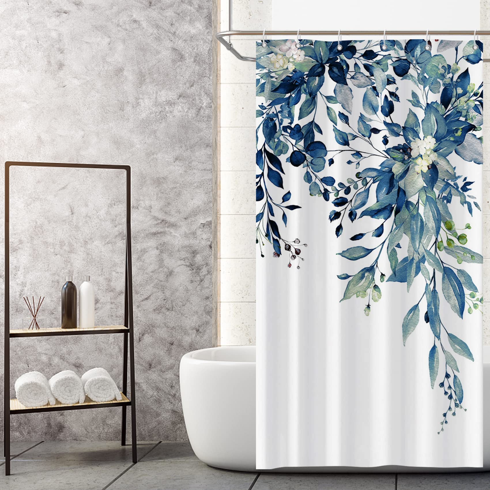MIRRORANG Stall Blue Floral Bathroom Mildew & Mould Resistant Polyester Bath Curtains with 6 Hooks, Waterproof Quick-Drying Fabric Plant Shower Curtain (90 x 183 cm) — image 1