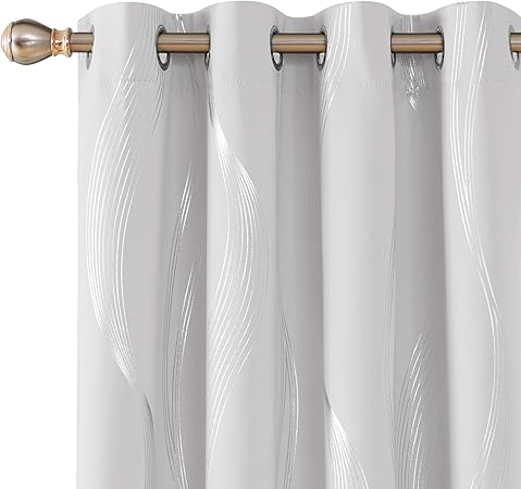 Deconovo Lot De 2 Rideaux Motif Ligne Chambre Enfant Garçon Argenté Cuisine Occultant Isolant Thermique Rideau Blanc Gris à Oeillets 140x180cm Salon