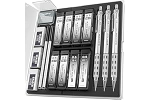 Nicpro 3 Pack Blocky Gear 0.5 mm Metal Mechanical Pencils Set with Case, Lead Drafting Pencil with 8 Tube (480PCS) Lead Refills(HB 2B), 4 Erasers, 18 Eraser Refills for Art Writing, Sketching Drawing