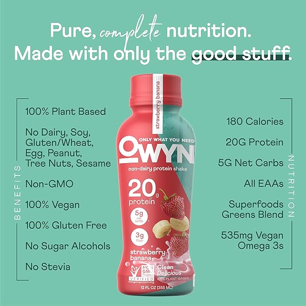 OWYN ONLY WHAT YOU NEED STRAWBERRY BANANA FLAVORED PROTEIN SHAKE LIQUID, 20G PROTEIN, 4G SUGAR, 3G FIBER, DAIRY-FREE, PLANT-BASED PROTEIN DRINK, 12 COUNT