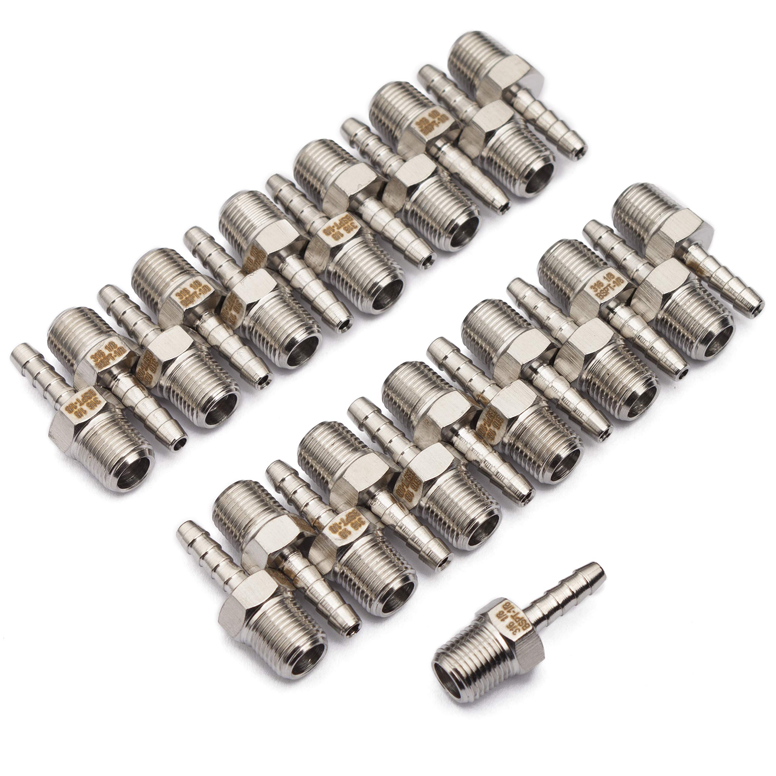 LTWFITTING Stainless Steel 316 Barbed Fitting Connector 1/8" Male BSPT x 1/8"(3mm) Hose Barb Fuel Gas Water (Pack of 25)