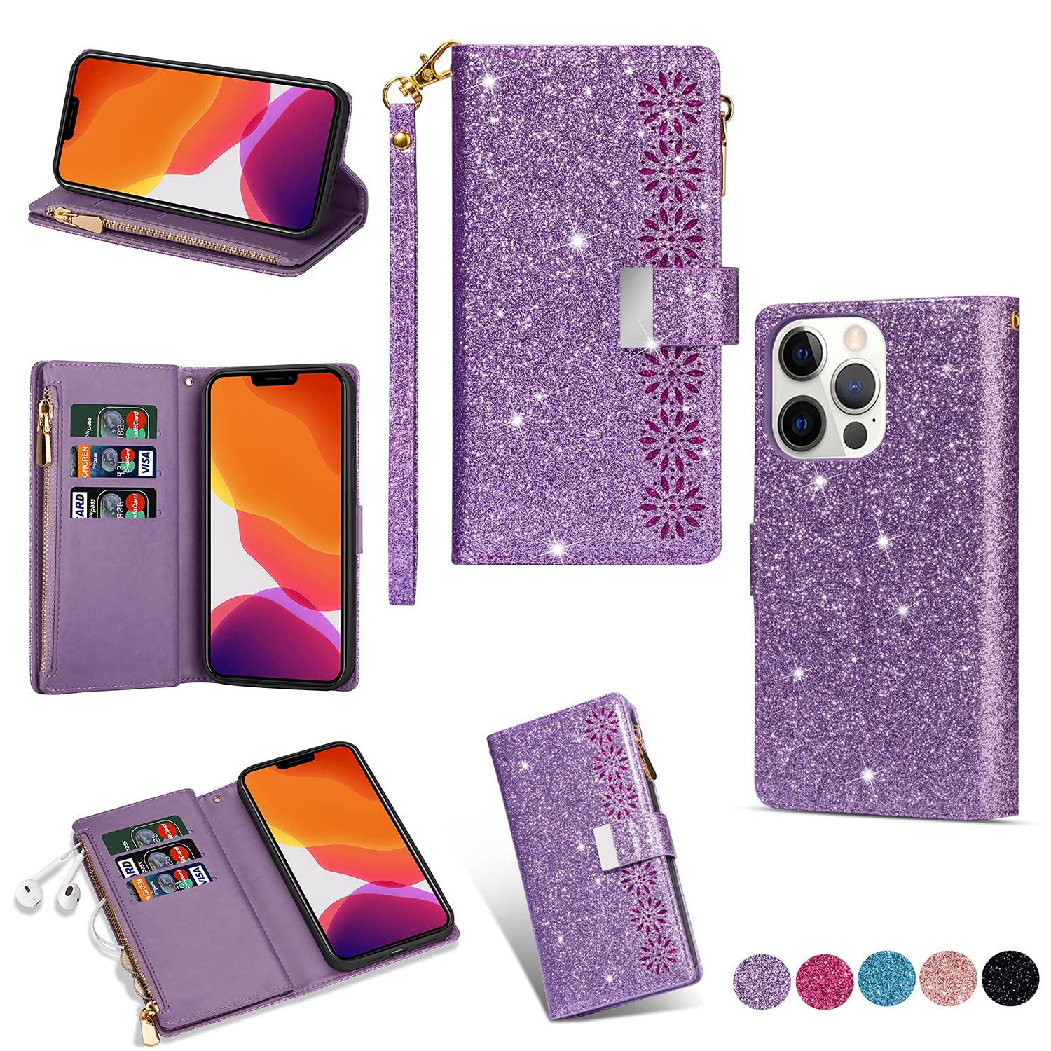 Wallet Case for iPhone 13 Pro Max ,Glitter Carving Zipper Handbag with 9 Card Slots & Wrist Strap,Stand Flip Protective Cover for Women Magnetic Phone Case for iPhone 13 Pro Max 6.7 inch (Purple)
