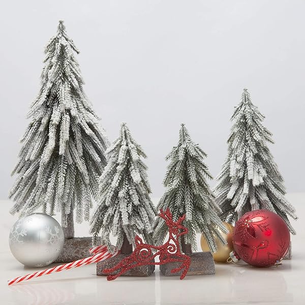 VGIA 4PCS MINI CHRISTMAS TREE SMALL SEPARATE SPRAY SNOW CHRISTMAS TREE WITH WOODEN BASES FOR TABLETOP WINTER VILLAGE HOLIDAY DECORATIONS