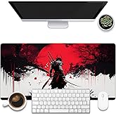 KOAIWPAE Large Gaming Mouse Pad, Cool Japanese Samurai Desk Mat, Red and White Samurai Desk Pad, 31.5"x15.7" Extended Big Computer Keyboard Mouse Pad with Non-Slip Base and Stitched Edge