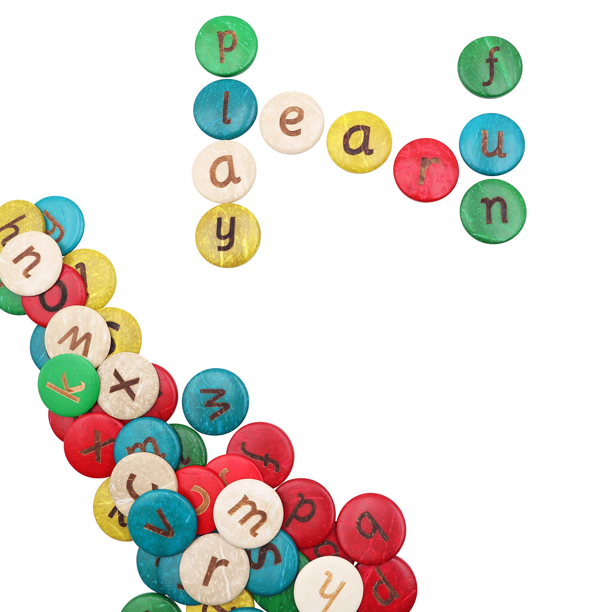 Craftplay Alphabet discs | Coconut shell | Pack of 52 discs | A to Z x2 of each letter | Assorted colours | 25mm diameter | Lowercase