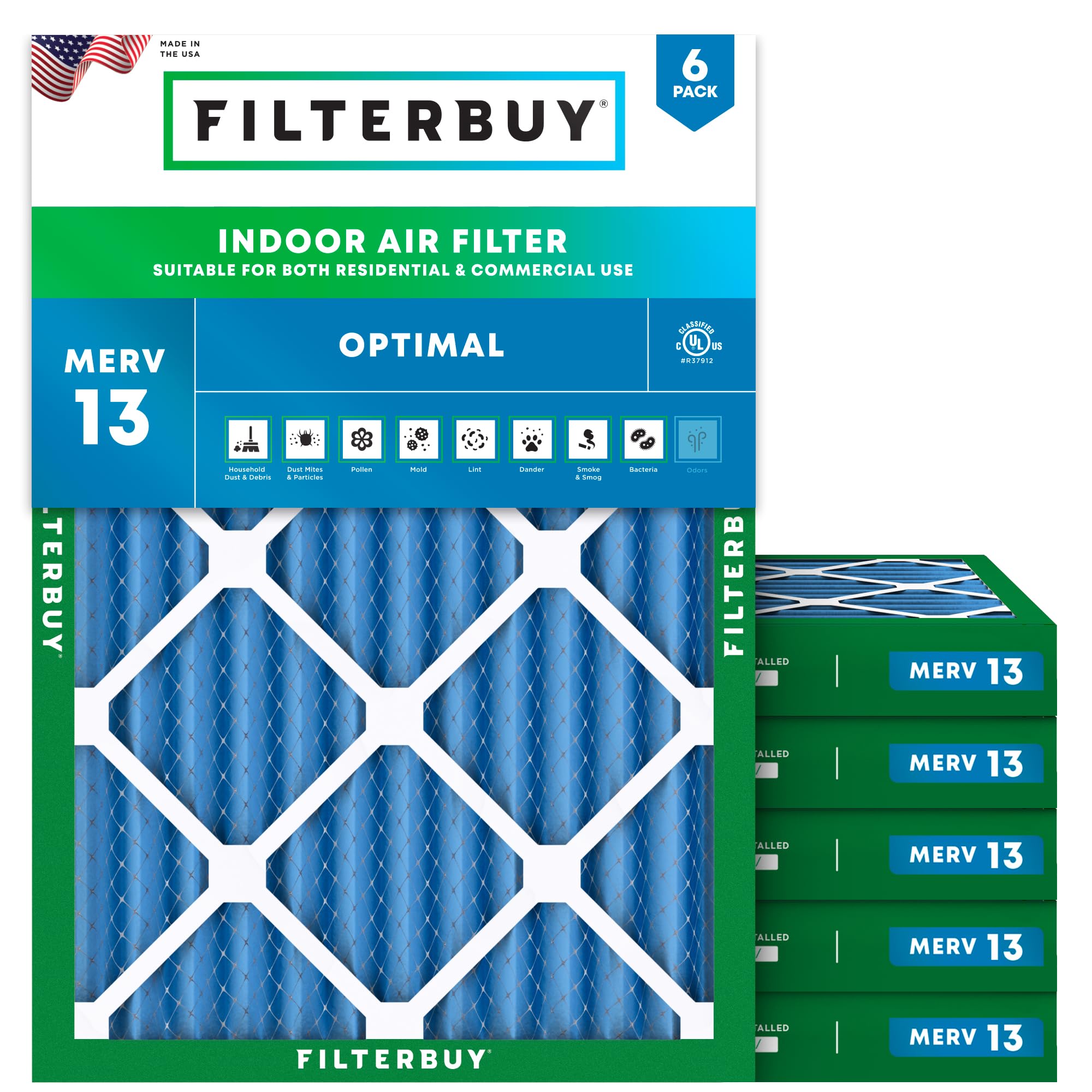 Filterbuy 30x32x2 Air Filter MERV 13 Optimal Smoke & Allergy Defense (6-Pack), Electrostatic Pleated HVAC AC Furnace Filters Replacement, Made in USA (Actual Size: 30.00 x 32.00 x 1.75) Image