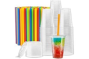 [40 Sets - 16 Oz] Crystal Clear PET Plastic Cups With - Flat lids & Straws for Iced Coffee, Cold Drinks, Milkshake, Slush Cup